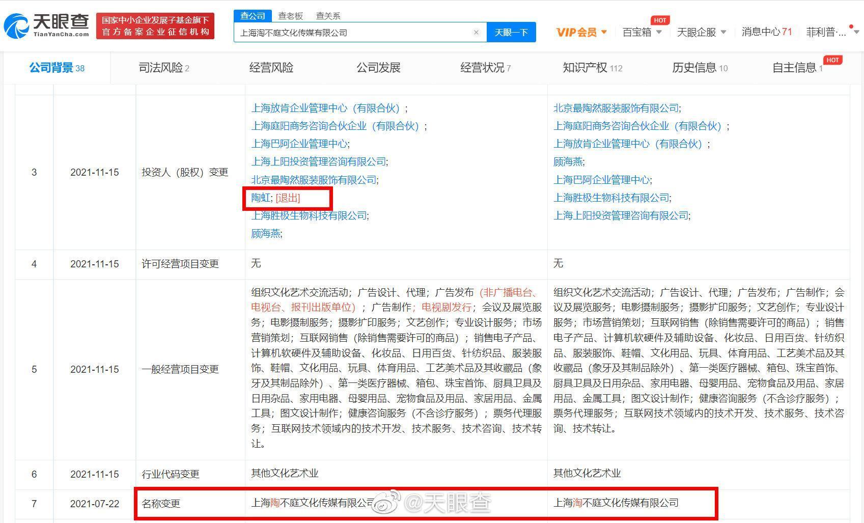 張庭跟陶虹投資的公司於今年7月改名。(翻攝微博)