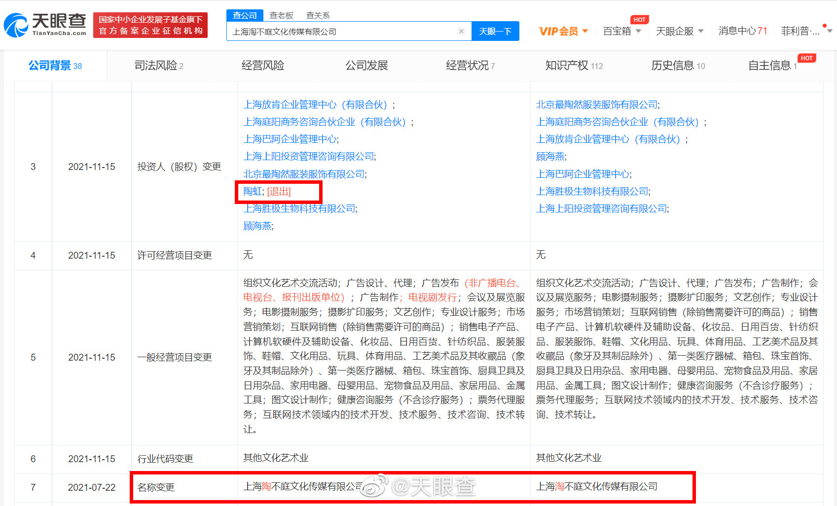 張庭跟陶虹投資的公司於今年7月改名。(翻攝微博)