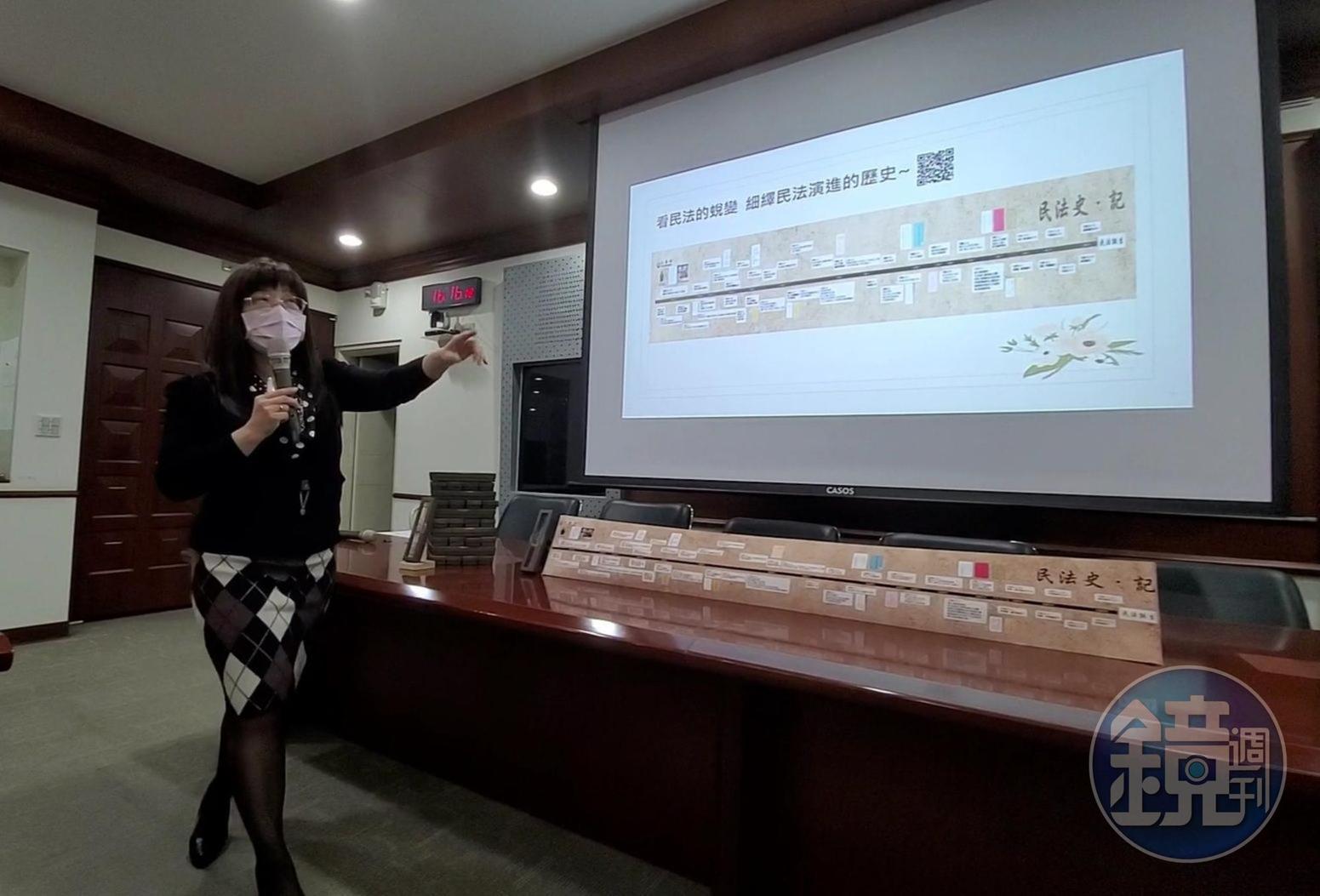 法務部法律事務司司長鍾瑞蘭極為用心,透過一張簡圖,輕易教育民眾了解民法近百年的演進歷程。