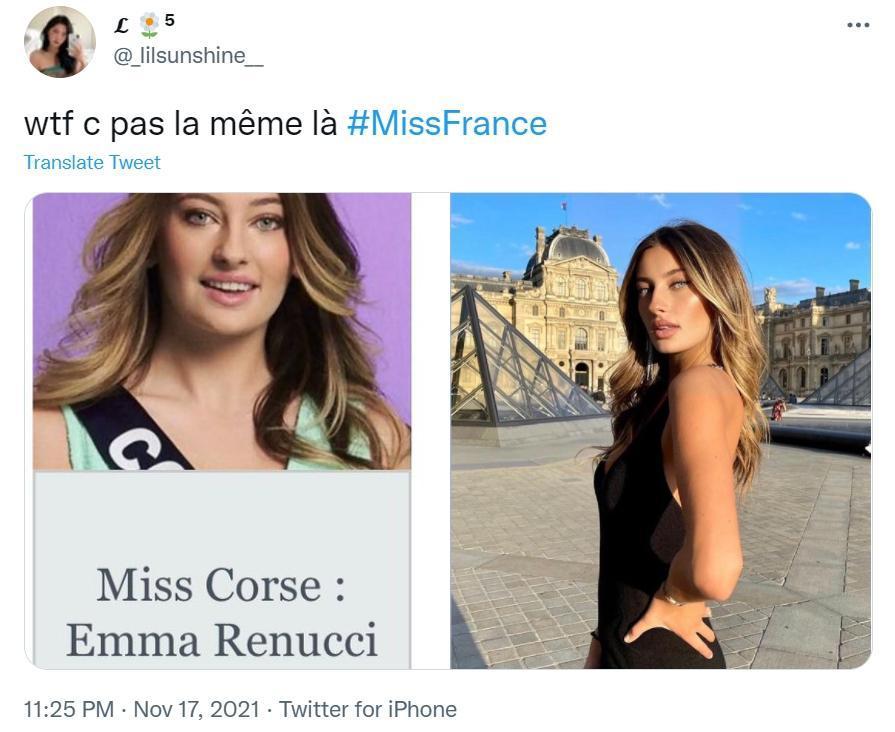 其中一名法國小姐參賽者雷努奇（Emma Renucci）就被網友點名和社群網站上差很大。（翻攝推特）