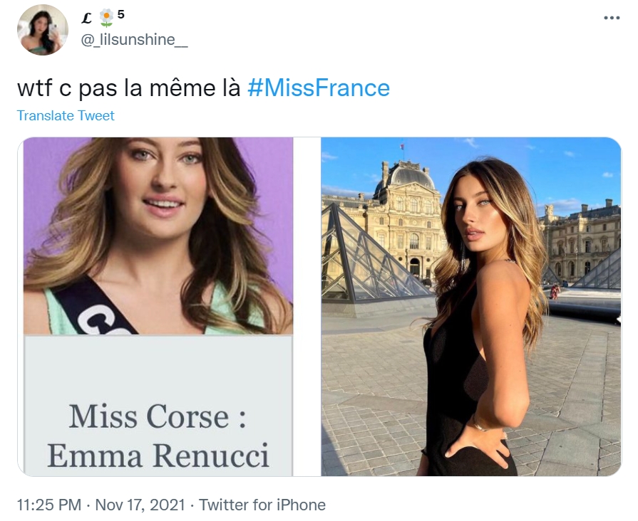 其中一名法國小姐參賽者雷努奇（Emma Renucci）就被網友點名和社群網站上差很大。（翻攝推特）