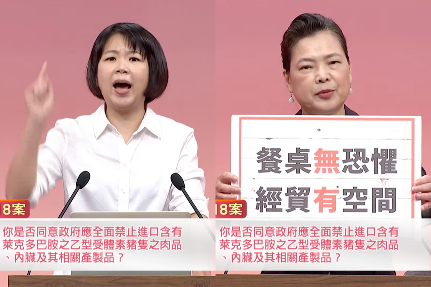 正方國民黨婦女部主任林麗蟬（左）與反方經濟部長王美花（右），今就是否要禁止萊豬進口一案進行辯論。（翻攝自中視新聞YouTube）
