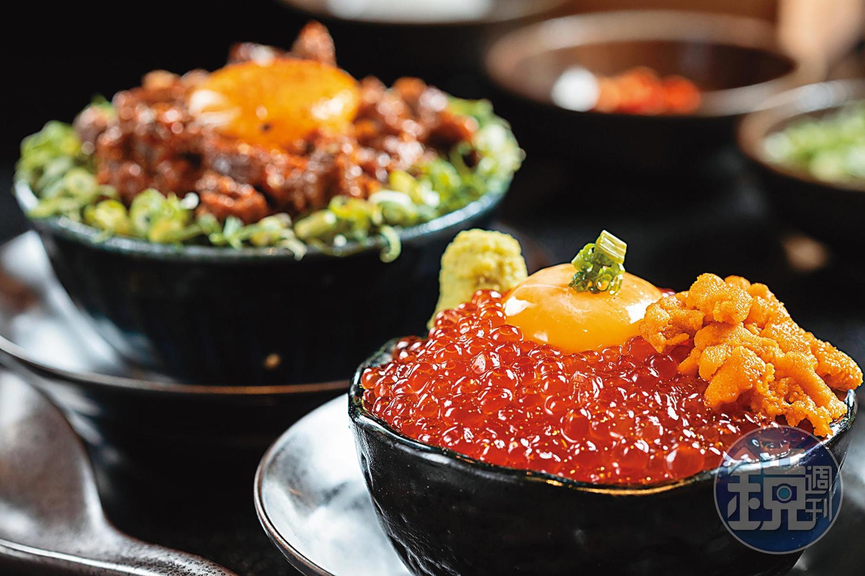 主食選擇也很奢華，「和牛滷肉丼飯」（左，150元／碗）牛油香醇，「海膽鮭魚卵飯」（右，350元／碗）爆漿濃郁。
