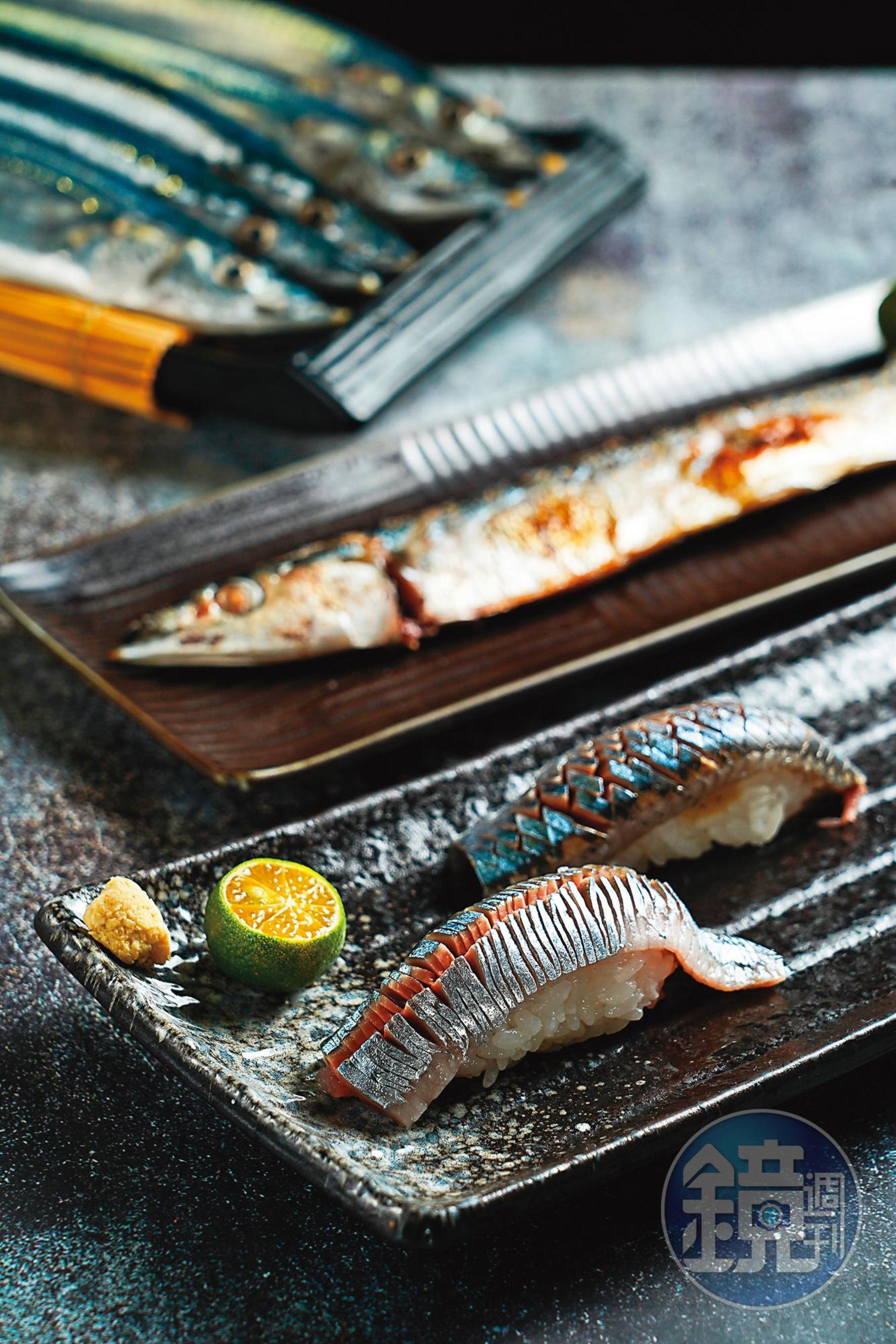 「秋刀魚2吃」將半條鹽烤、半條做成握壽司，濃甜的油脂在嘴裡化開，是錯過就等明年的旬味。（380元／份）