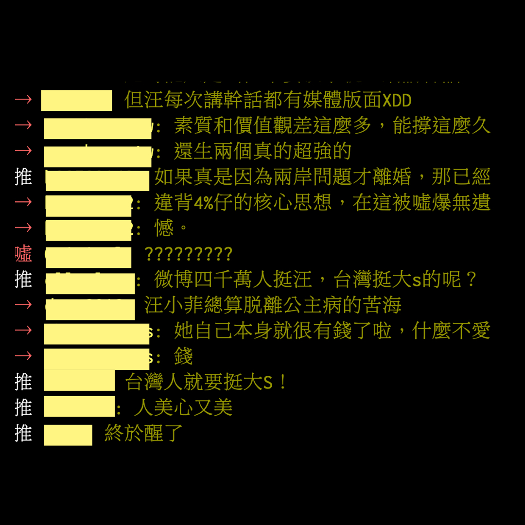PTT網友對於台灣是否要力挺大S,持正反兩極觀點。(翻攝自PTT)