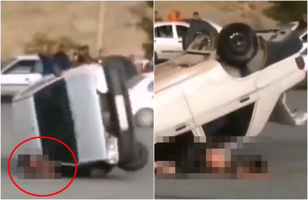 伊朗日前一群年輕人在廣場飆車，不料炫技失誤導致翻車，一人當場被壓死。（翻攝推特）