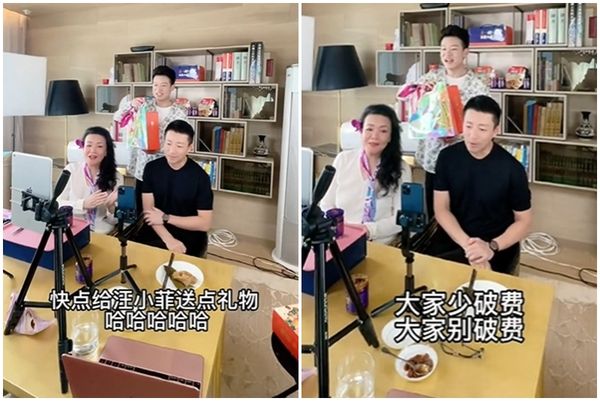 張蘭拉汪小菲上自己的直播間賣辣醬，催促觀眾說「快點給汪小菲來點禮物」。（翻攝自抖音／麻六記）