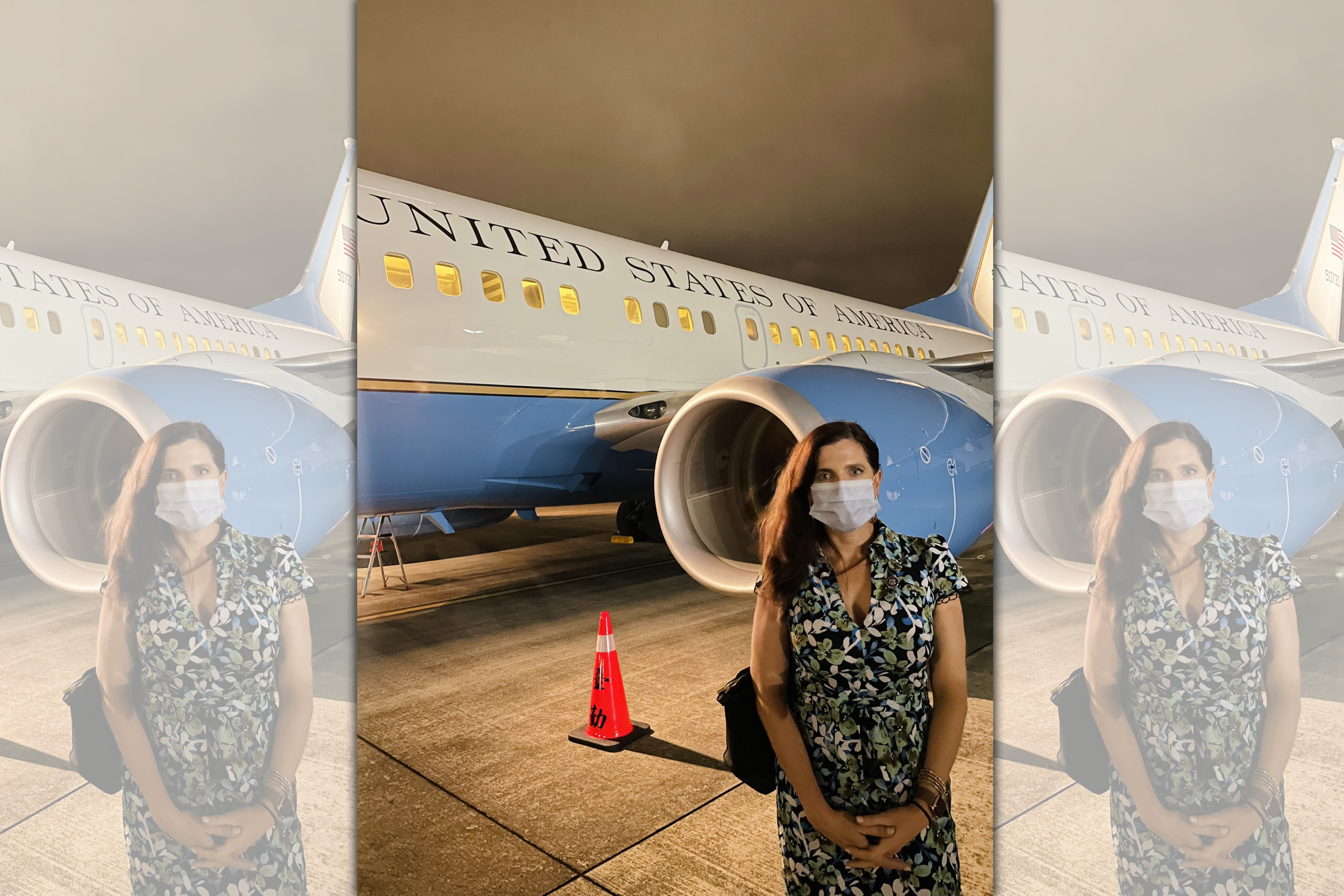 美國共和黨籍議員梅斯抵台後，在推特上Po出與行政專機合影的落地照，並寫下「剛在台灣共和國落地」的文字，引發熱議。（翻攝自@RepNancyMace推特）