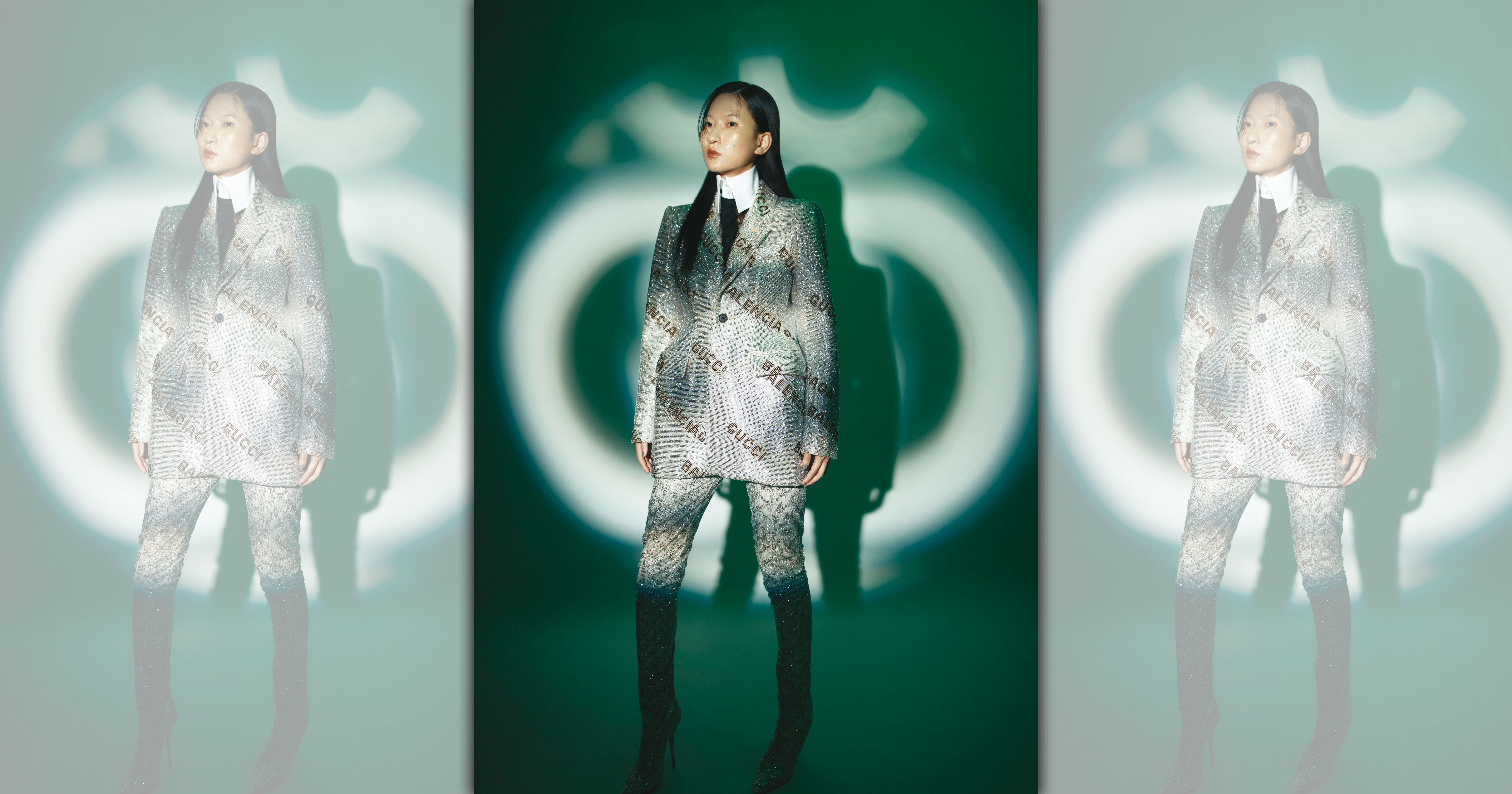 The Hacker project多色水鑽刺繡夾克 NT$394,000／The Hacker project黑色蕾絲長袖襯衫 NT$74,000／The Hacker project多色水鑽刺繡彈力長靴褲 NT$303,000 All by GUCCI