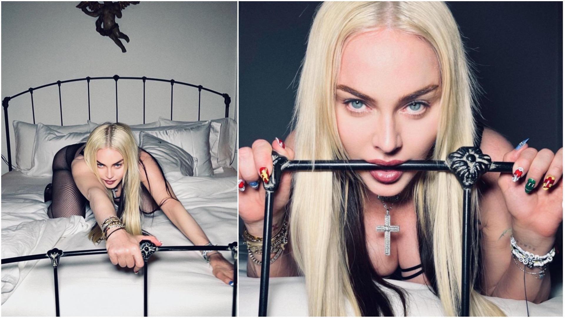美國流行樂天后瑪丹娜(Madonna)63歲身材火辣依舊,近日在Instagram上大曬性感床照,但數張照片卻因露點被平台下架。(翻攝Madonna Instagram)