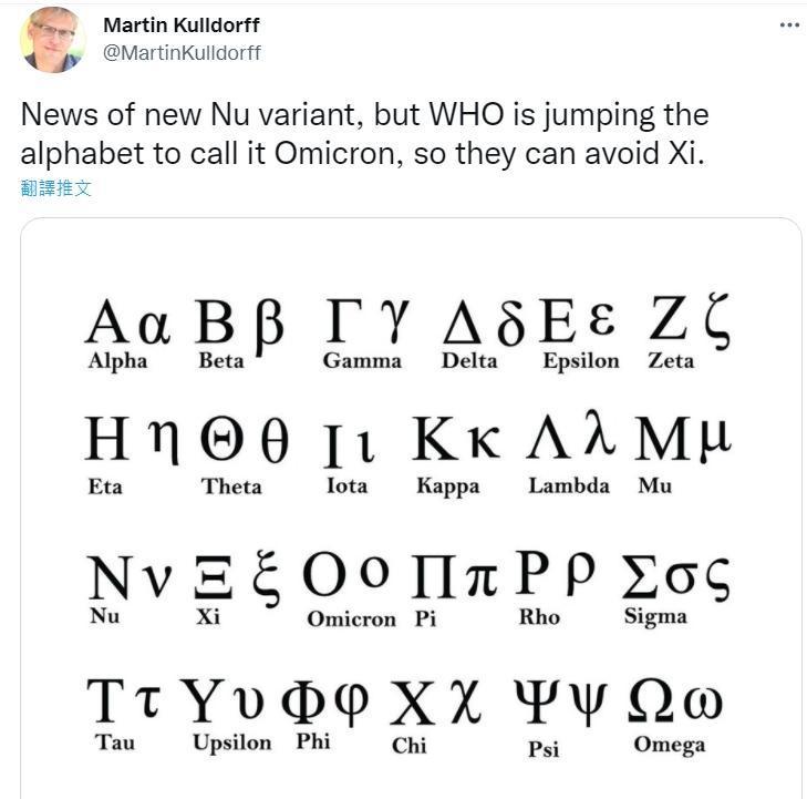 流行病學家Martin Kulldorff分享希臘字母表,直言「世衛跳過了Nu,直接命名為Omicron,因此也可以避開Xi」。(翻攝推特@MartinKulldorff)