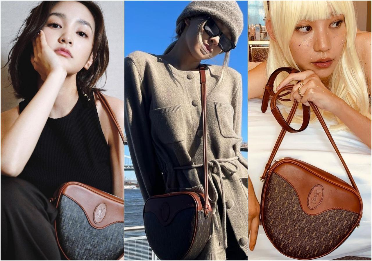 王淨(左起)、朴彩英ROSE、琪洽安瑪達雅婫,都已擁有SAINT LAURENT經典印花系列Le Monogramme愛心型小包。(SAINT LAURENT提供)
