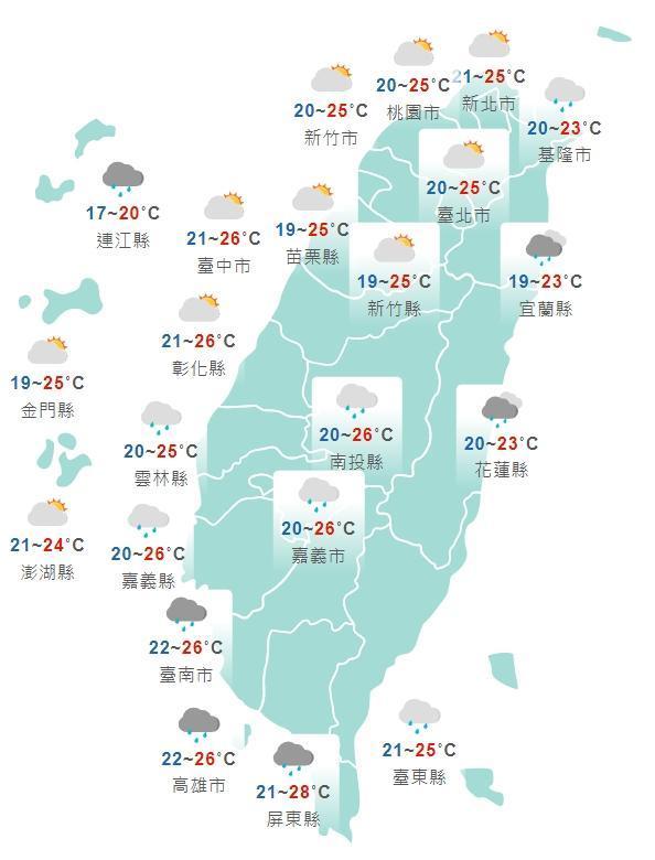 全台各地今日白天天氣狀況。（中央氣象局提供）