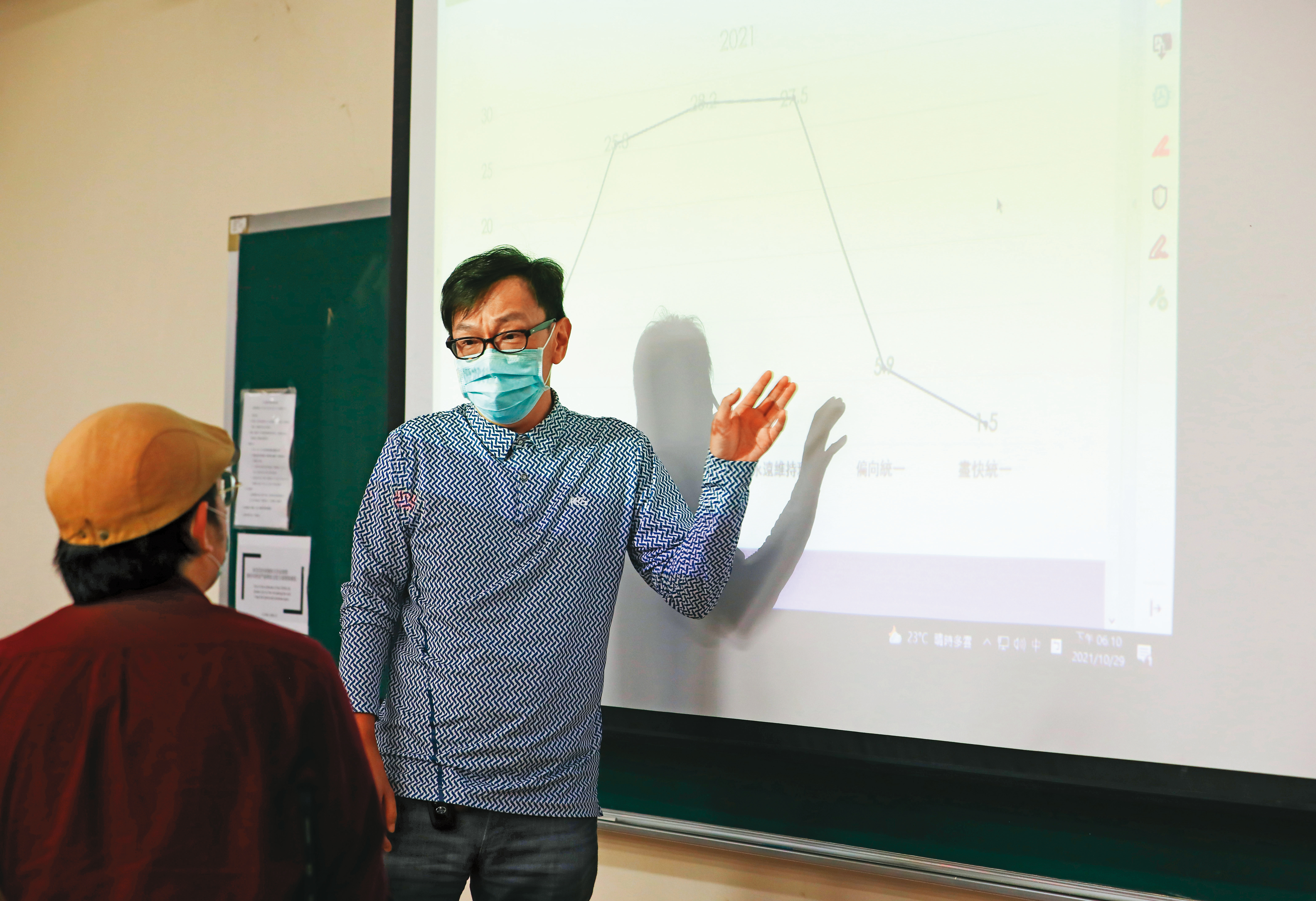 姚人多（右）以數據解釋台灣人的民族認同與統獨傾向，課後學生找他討論。