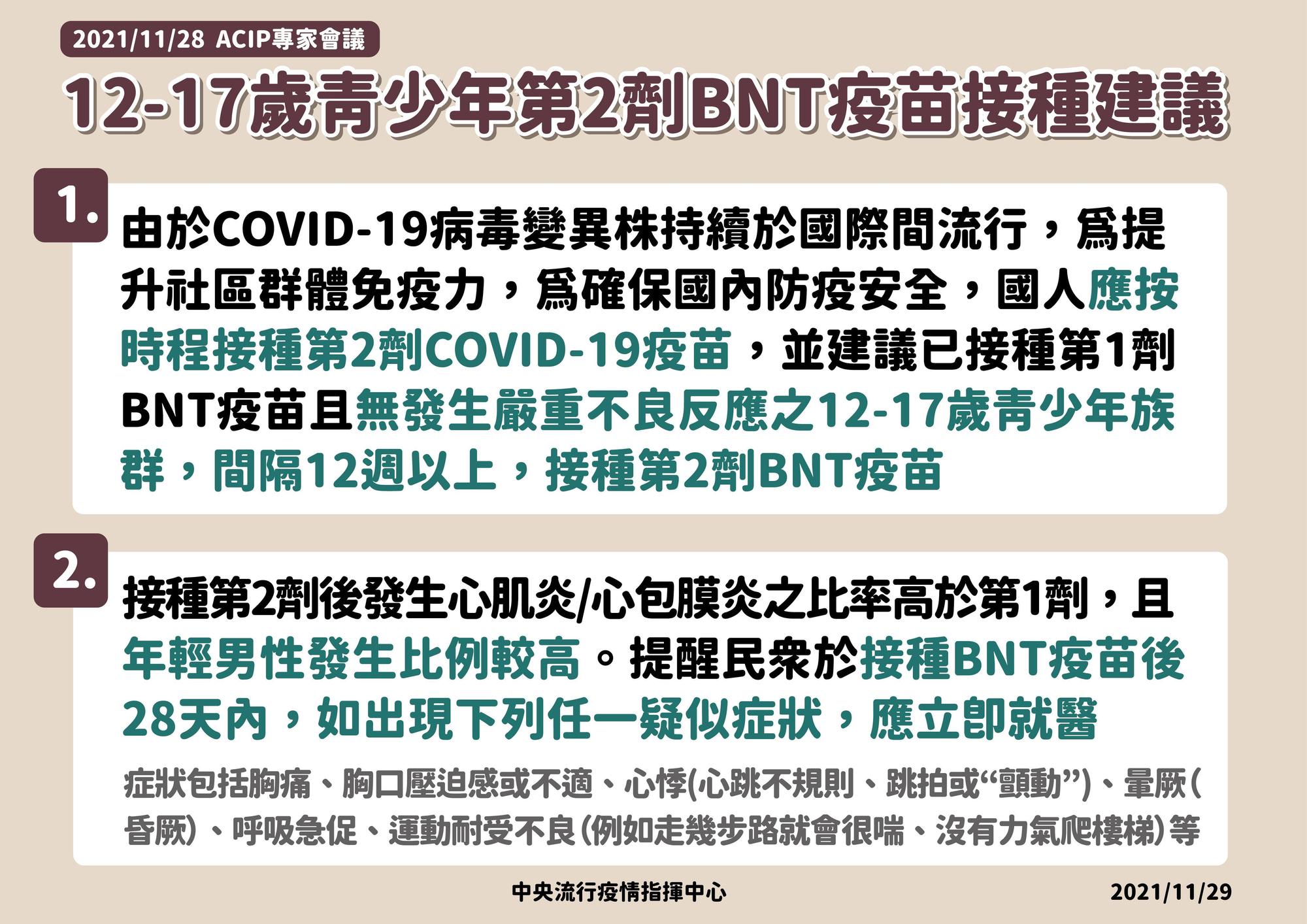 指揮中心宣布開放青少年接種第2劑BNT疫苗。（指揮中心提供）