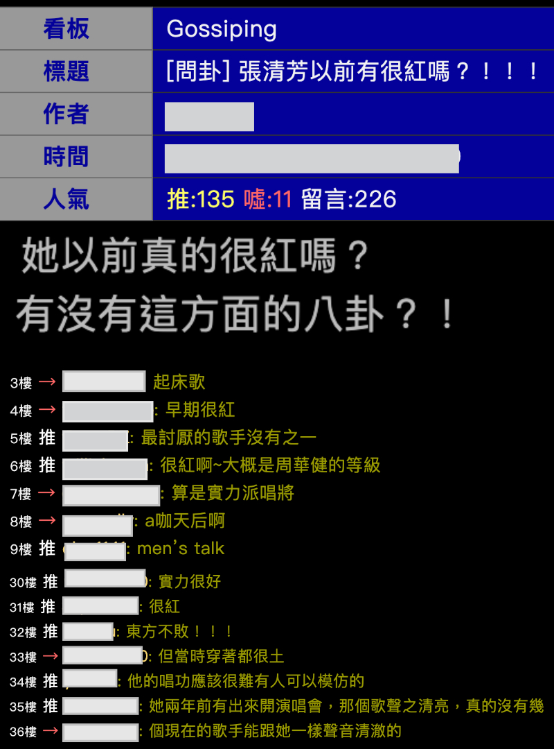 網友在PTT論壇問卦:「張清芳以前有很紅嗎?」(翻攝自PTT)