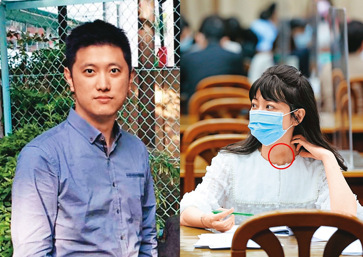 高嘉瑜（右）遭男友林秉樞（左）家暴，29日她現身立法院財委會等候質詢時，脖子上的瘀傷（紅圈處）還清晰可見。（合成照，翻攝自臉書／本刊照片）