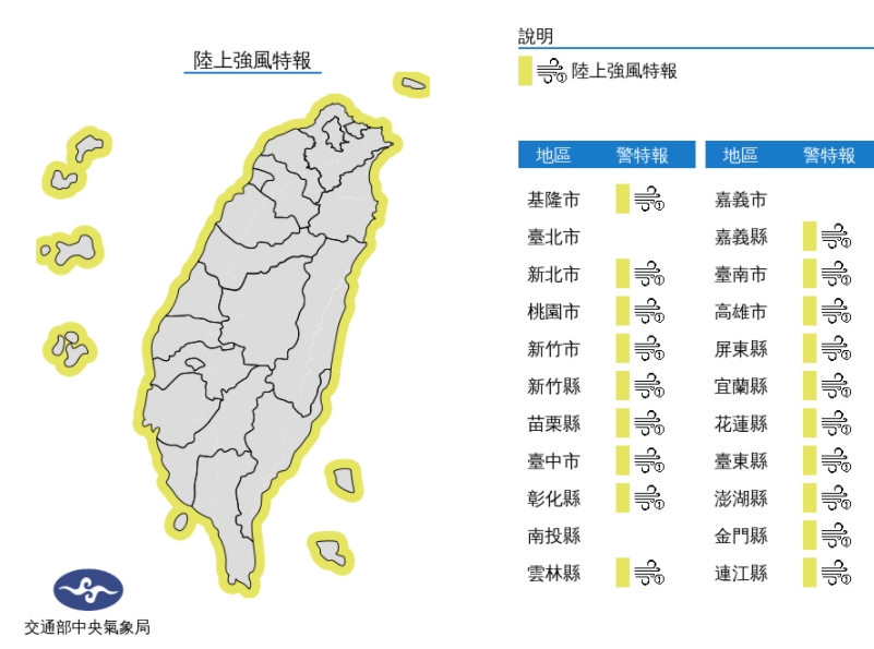 中央氣象局凌晨3時15分因應東北風明顯增強，對19縣市發布陸上強風特報。（中央氣象局提供）