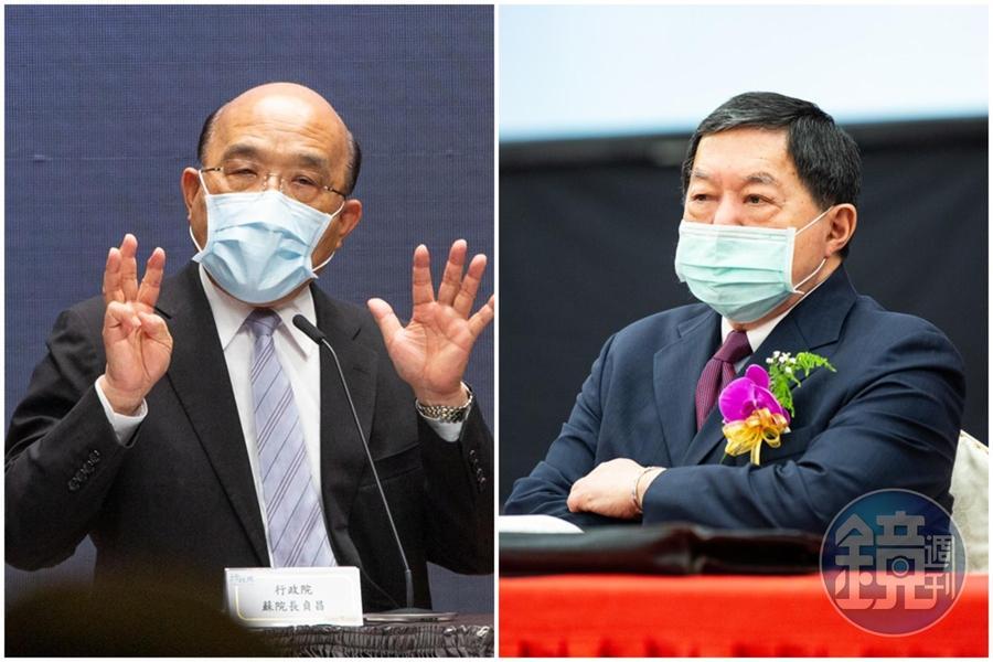 遠東集團董事長徐旭東(右)遭中國重罰後,投書媒體暢聊政治立場,行政院長蘇貞昌(左)表示,中國此等蠻橫動作,是被世界唾棄的(作為)。(本刊資料照)