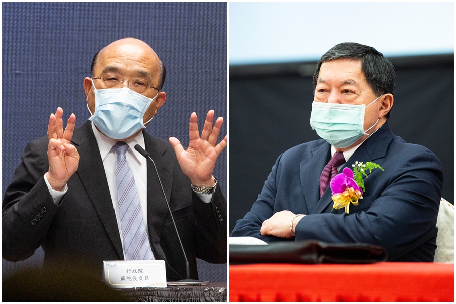 遠東集團董事長徐旭東（右）遭中國重罰後，投書媒體暢聊政治立場，行政院長蘇貞昌（左）表示，中國此等蠻橫動作，是被世界唾棄的（作為）。（本刊資料照）