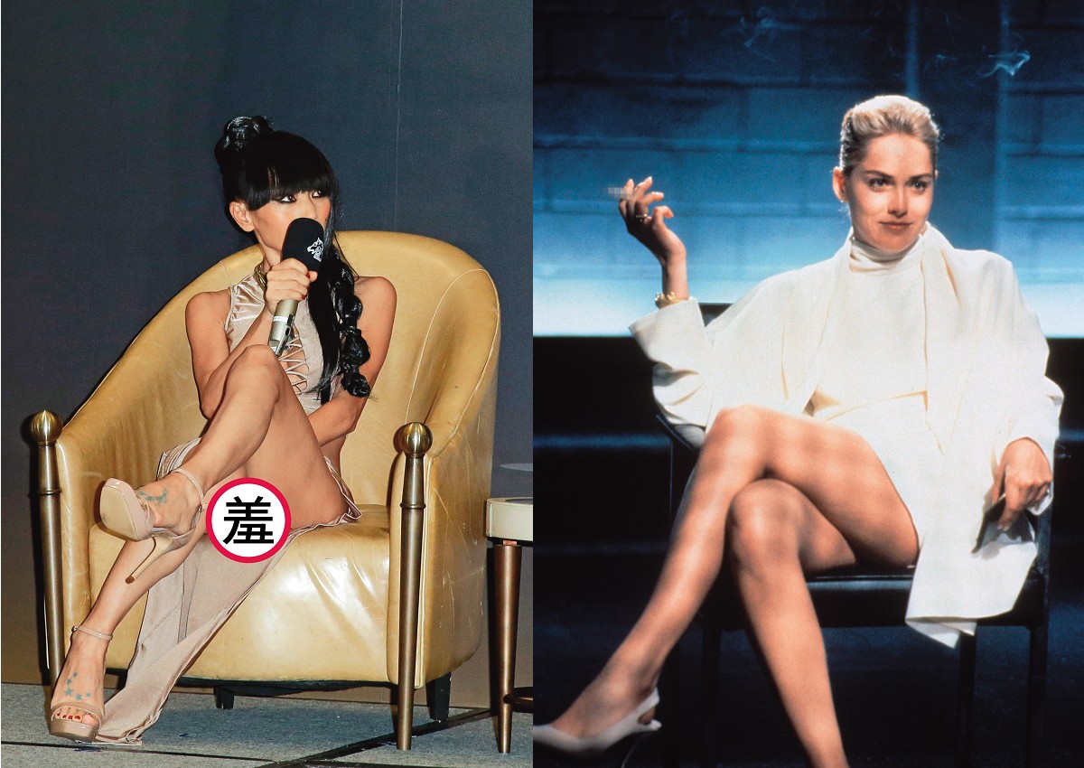 白靈（左）重現《第六感追緝令》性感一幕，沒穿內褲頻換腿（瞪）。莎朗史東（右）憑《第六感追緝令》翹腳換腿這幕，奠定了性感女神地位。（双喜提供）
