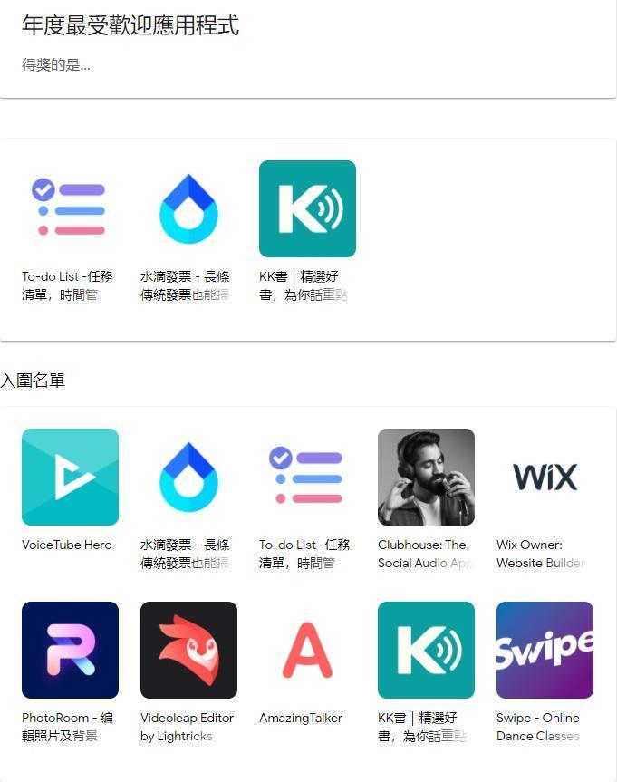 年度最受歡迎應用程式由《水滴發票》《To-Do List》《KK 書》奪下。(翻攝Google Play)