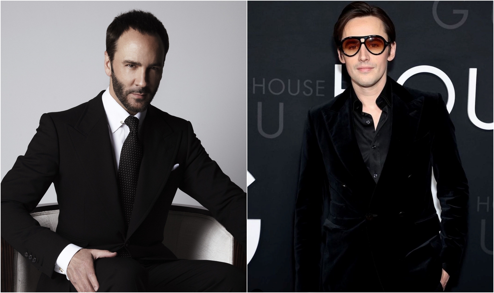 GUCCI能有今天的地位，大家都公認前創意總監湯姆福（左）特功不可沒；電影中飾演湯姆福特的演員李夫卡尼（右），還刻意打扮成年輕時代的他參加首映會。（Tom Ford／翻攝自Reeve Carney官方Instagram）