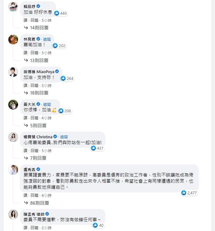高嘉瑜遭男友施暴,不分黨派政治人物都發聲力挺。(翻攝臉書)