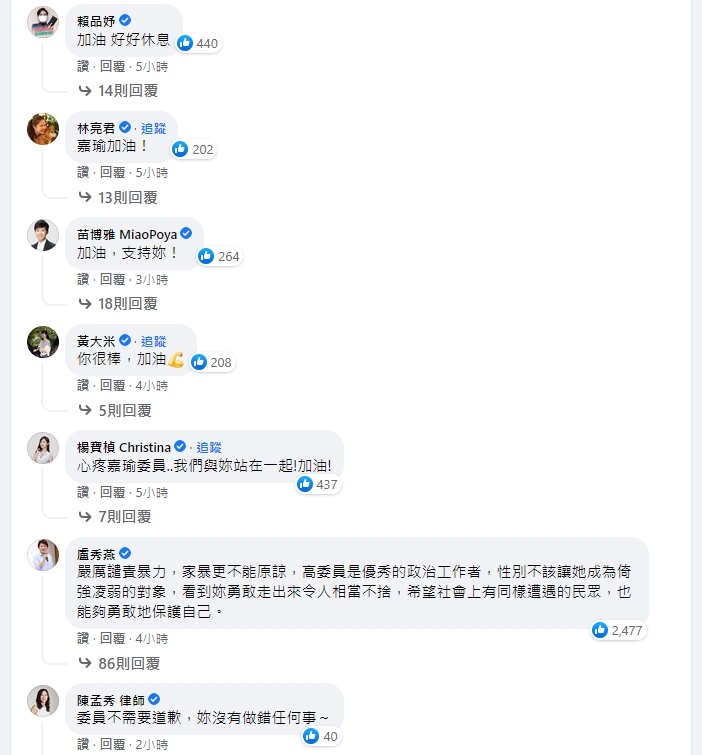 高嘉瑜遭男友施暴,不分黨派政治人物都發聲力挺。(翻攝臉書)