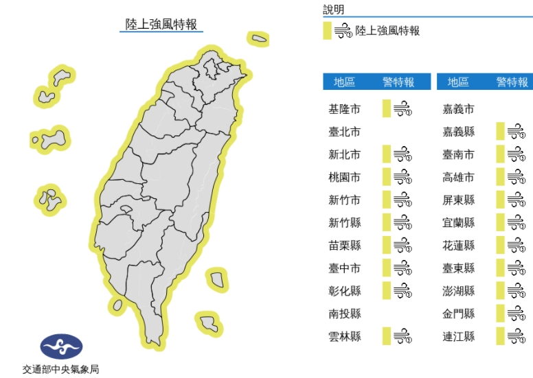 中央氣象局零晨3時45分對19縣市發布陸上強風特報。(中央氣象局提供)