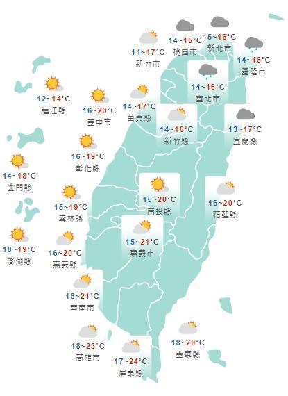 全台各地白天天氣一覽。（中央氣象局提供）