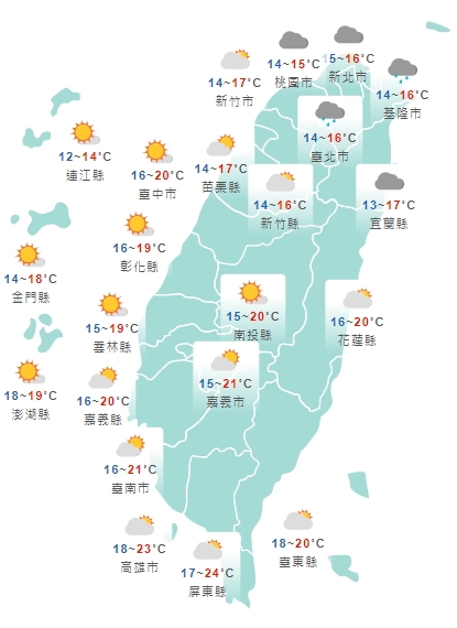 全台各地白天天氣一覽。(中央氣象局提供)