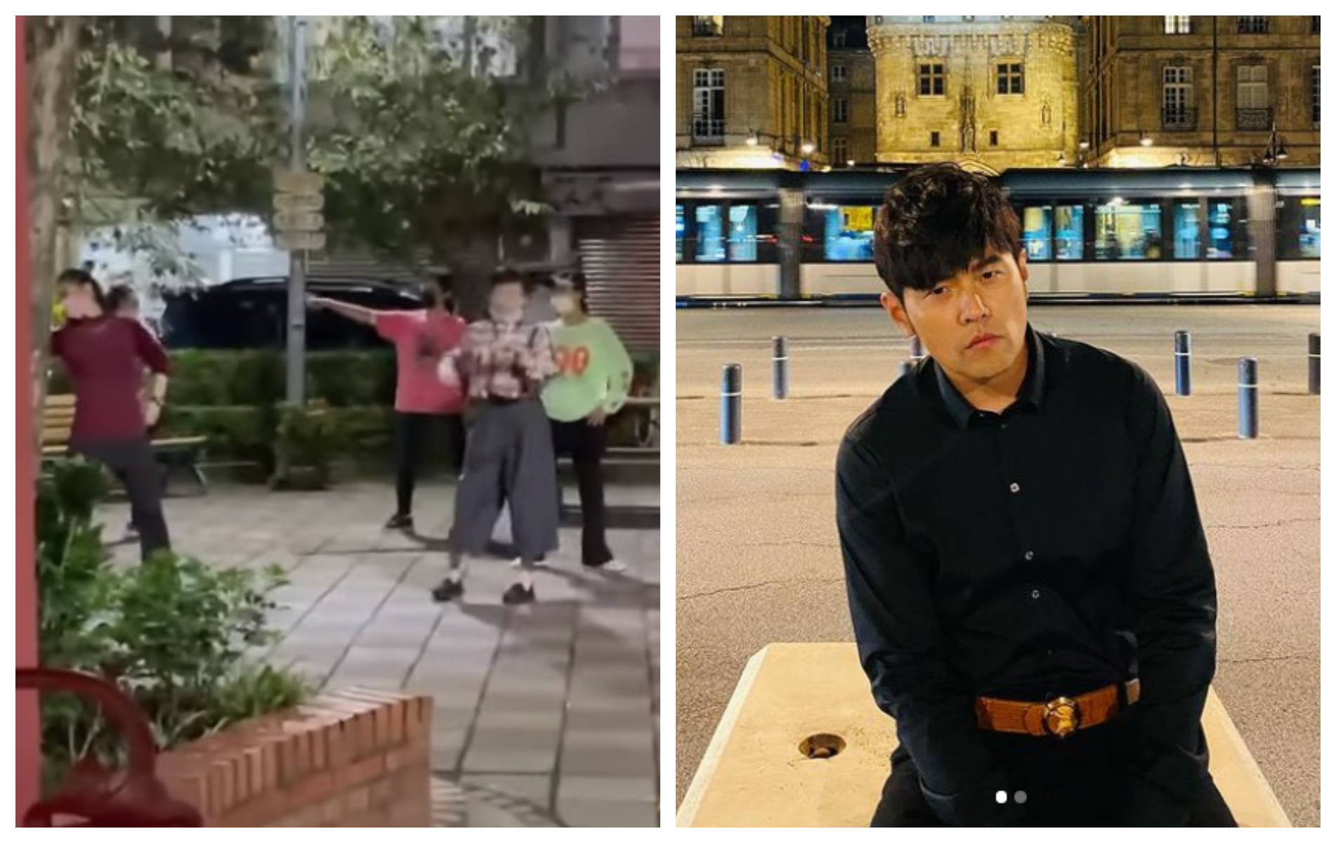 幾位婦女在公園跳〈Mojito〉，男星阿Ken隨後也跟著跳，讓周杰倫（右圖）看得哭笑不得。（翻攝周杰倫IG）