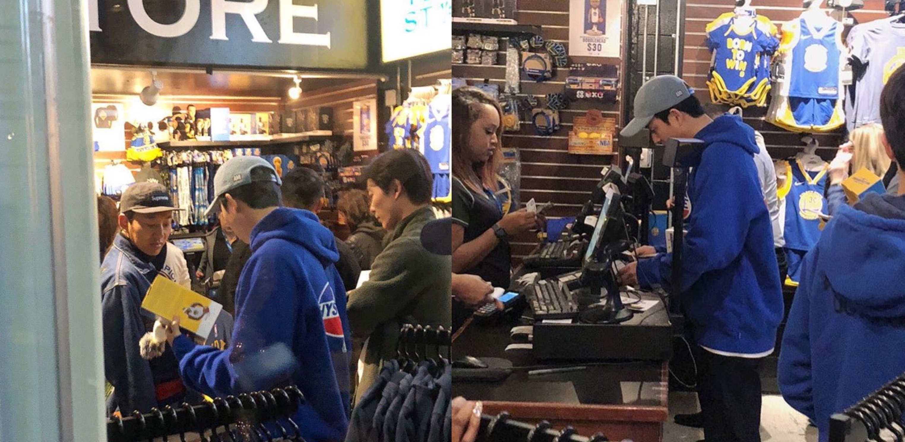 孔劉過去曾被拍到在美國看NBA，好友金材昱（左圖右）也在場。（翻攝自網路）