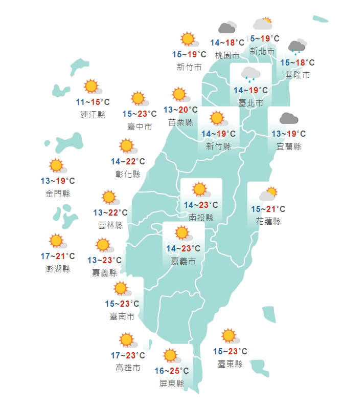 全台各地白天天氣狀況一覽。(中央氣象局提供)