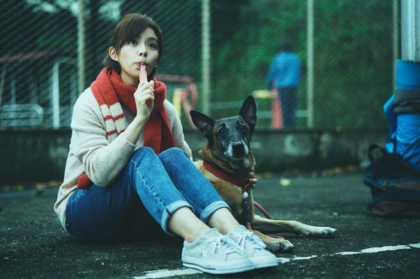 《月老》中飾演阿魯的狗演員（右）藉傳神的後製音效擄獲觀眾的心，左為宋芸樺。（麻吉砥加提供）