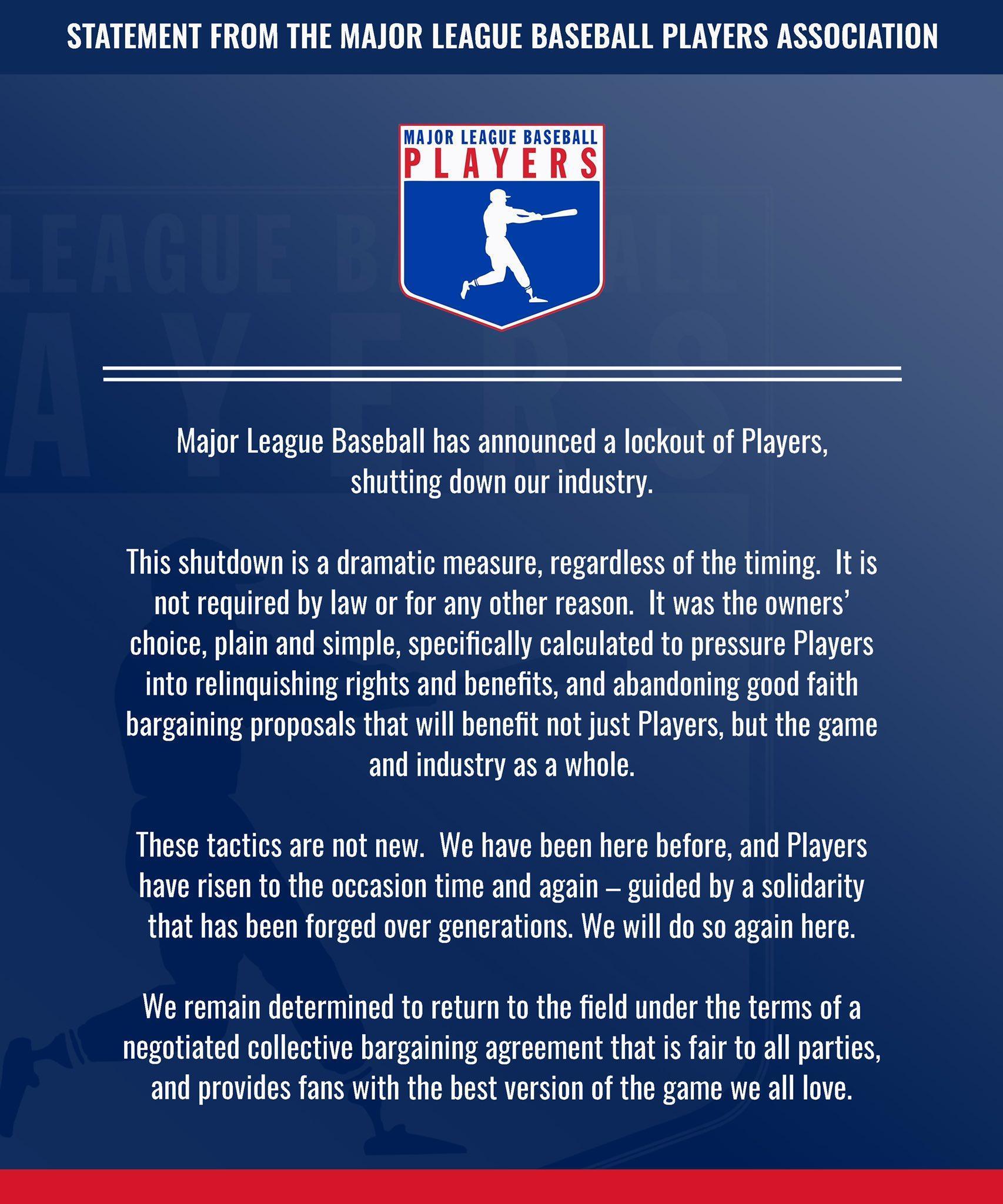 球員工會發聲明反斥封館是不必要的戲劇性措施。(翻攝自@MLBPA_News推特)