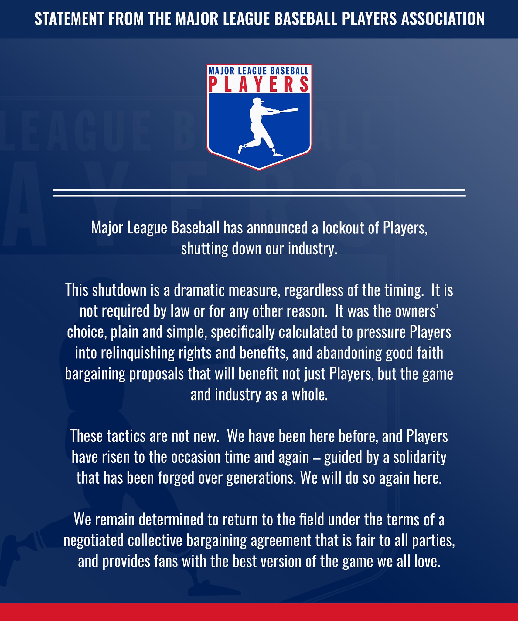 球員工會發聲明反斥封館是不必要的戲劇性措施。(翻攝自@MLBPA_News推特)