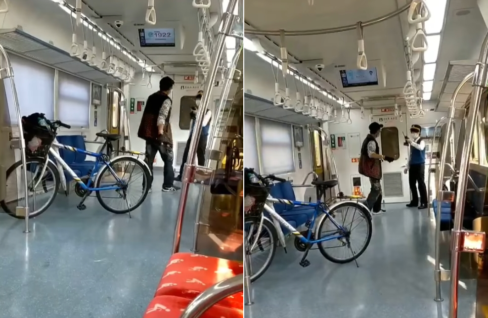 台鐵區間車上出現一名男子,不滿被勸導放妥腳踏車,竟恫嚇列車長作勢打人。(翻攝自臉書社團)
