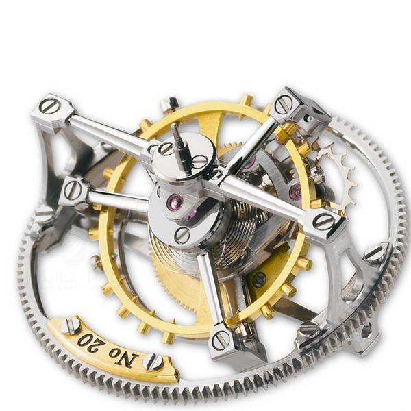 Double Tourbillon 30°雙體陀飛輪是GREUBEL FORSEY在2004年推出的第一件作品，外層籠架每4分鐘旋轉一圈，而內層籠架則是一分鐘旋轉一圈，兩個軸心間的角度差維持在30度角的狀態，據品牌的研究這樣的設計可以讓陀飛輪發揮最大效能，有效降低地心引力對於擺輪的影響，是陀飛輪的新變化型態。
