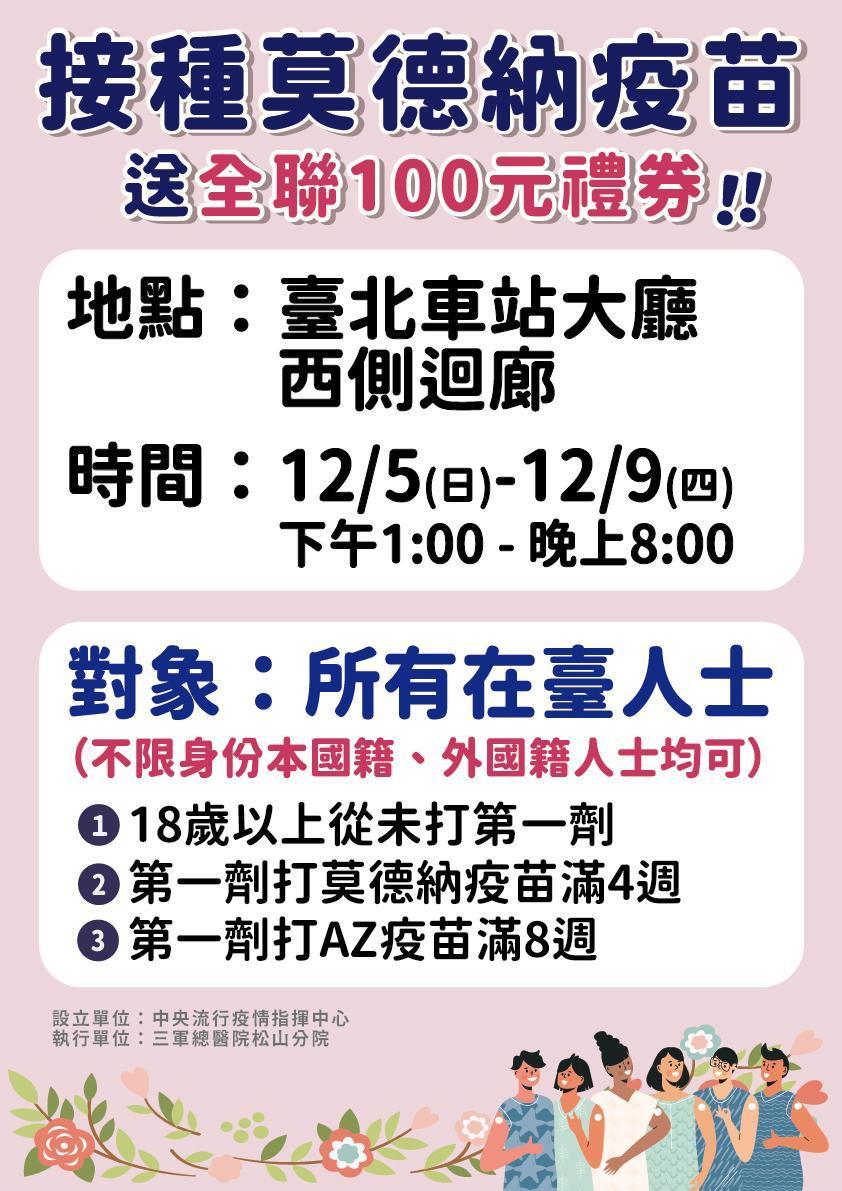 為鼓勵民眾盡快完整接種疫苗,指揮中心在台北車站增設疫苗接種站,還送全聯禮券100元。(指揮中心提供)