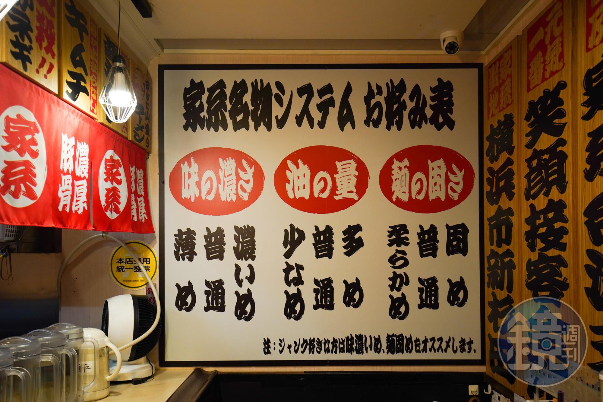家系拉麵的一大特色是在點餐時,會詢問客人口味喜好,調整湯頭濃淡、油脂量和麵條硬度。