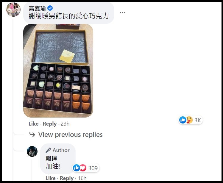 高嘉瑜在館長臉書下方留言，感謝對方送了愛心巧克力。（翻攝飆捍臉書）
