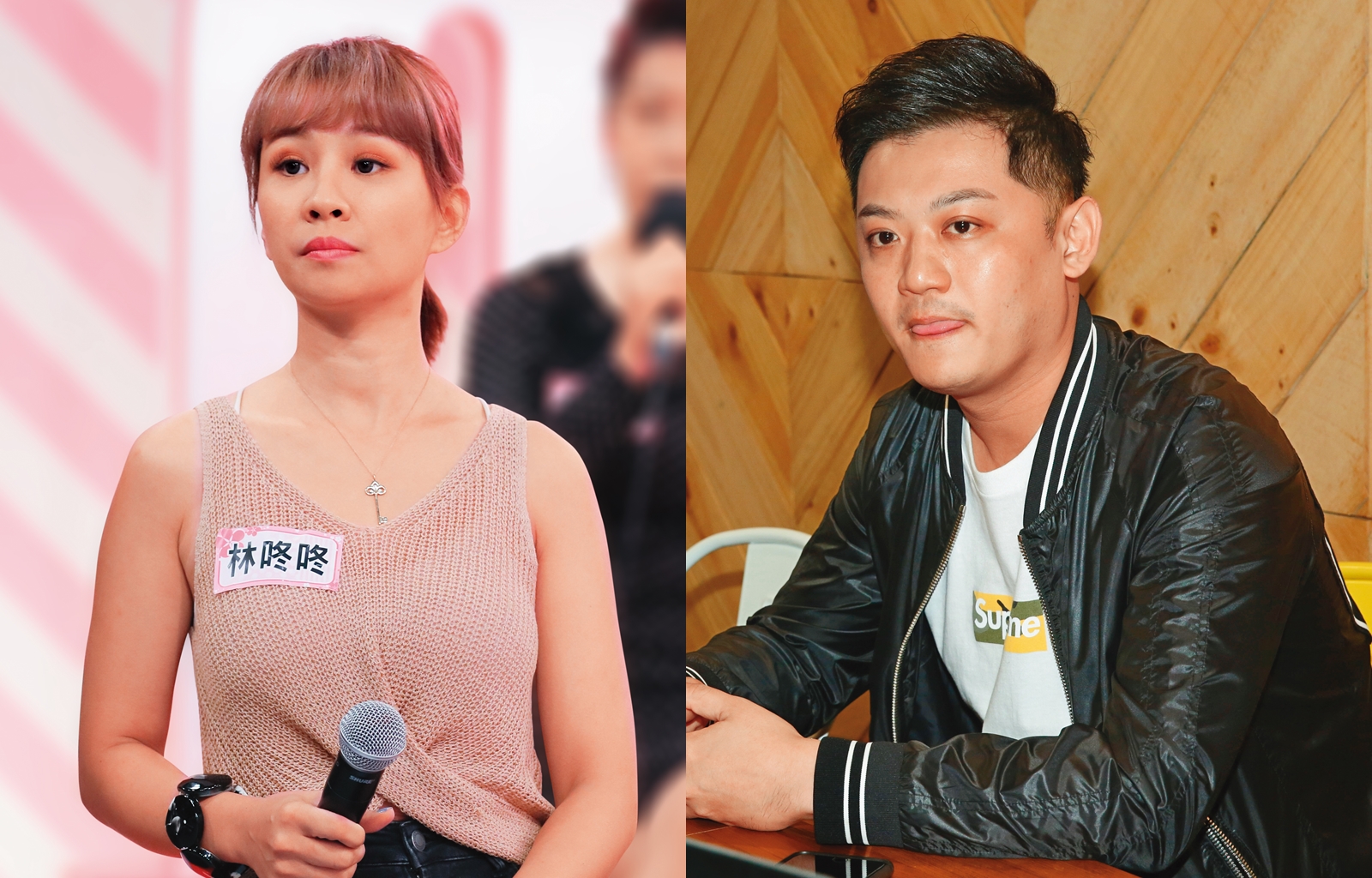 去年2月郭柏均（右）曾開記者會，否認自己和雪碧的不倫戀。如今林咚咚（左）面對郭柏均外遇離家，自己只能靠接通告和業配的微薄收入養3個孩子。