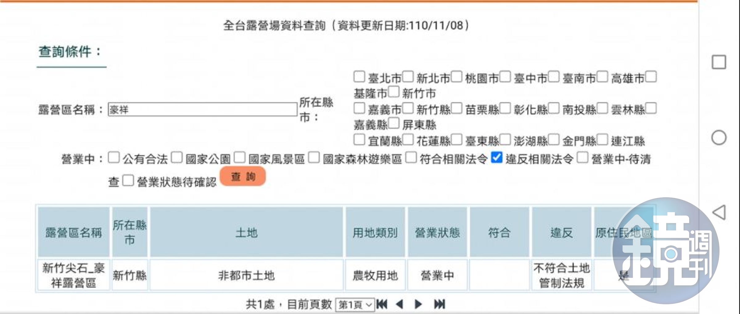 網友發現「豪祥露營區」仍屬違法的露營區，且未符合稅籍登記。（翻攝交通部觀光局露營查詢專區）
