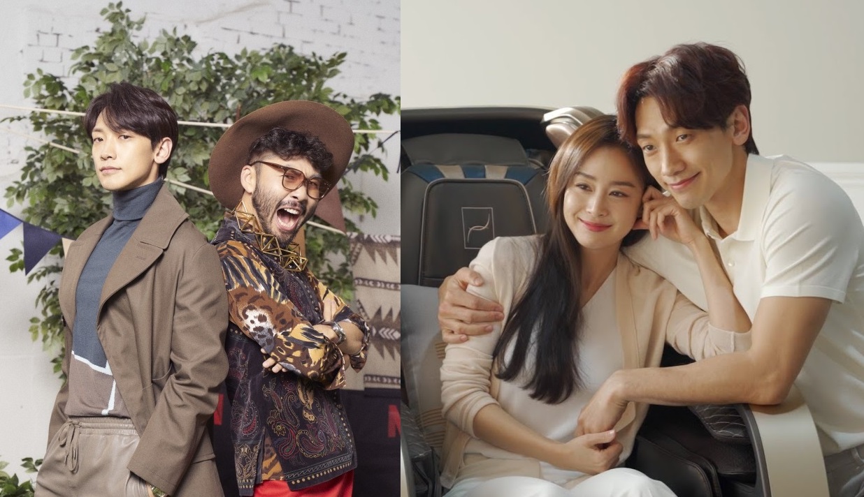 Rain（左圖左）與盧弘喆（左圖右）推出節目節目《吃貨與阿毛的逍遙遊》，盧弘喆卻在受訪時提及Rain和金泰希（右圖左）的婚姻，遭網友批評。（左圖翻攝自10Asia，右圖翻攝自YouTube畫面）