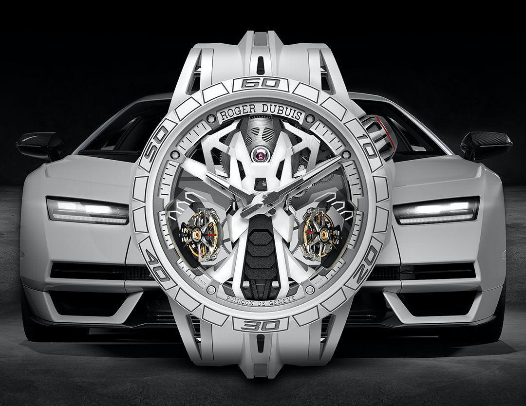 ROGER DUBUIS Countach DT/X錶款，從Countach LPI 800-4限量超跑取材。以MCF礦物複合纖維材質製作錶殼與錶圈，呈現獨特的質感。錶徑47mm，限量8枚。功能：時、分指示；雙陀飛輪 機芯：手上鏈機芯 定價：約NT$24,530,000。