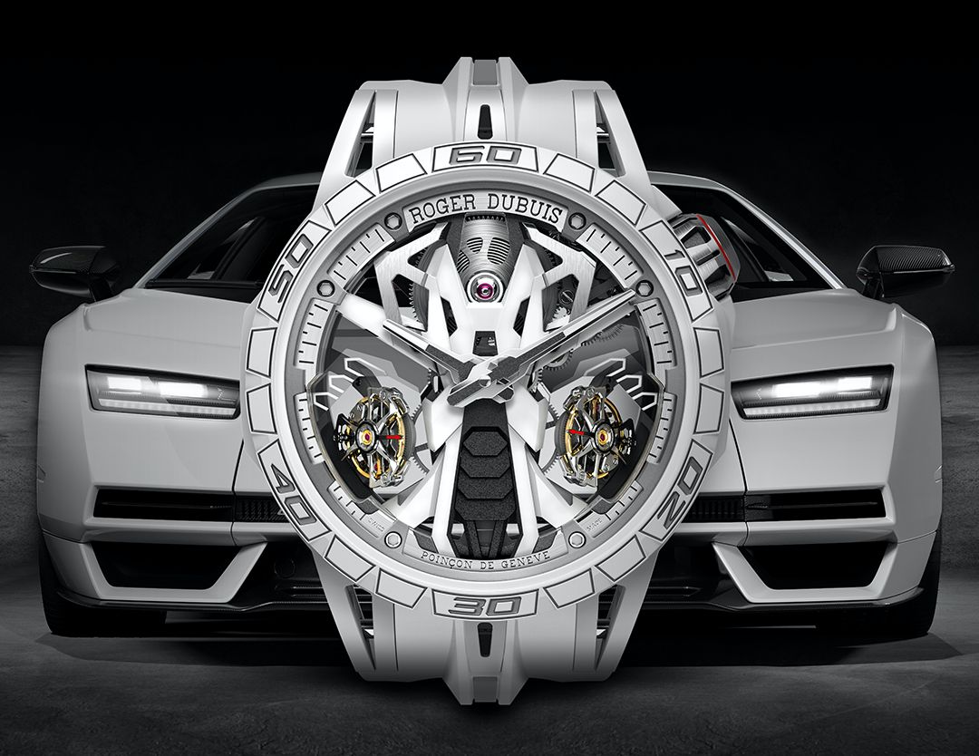 ROGER DUBUIS Countach DT/X錶款，從Countach LPI 800-4限量超跑取材。以MCF礦物複合纖維材質製作錶殼與錶圈，呈現獨特的質感。錶徑47mm，限量8枚。功能：時、分指示；雙陀飛輪 機芯：手上鏈機芯 定價：約NT$24,530,000。