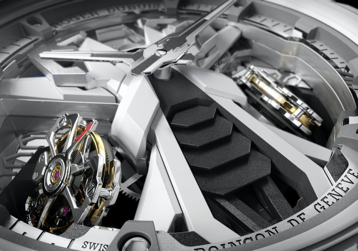 ROGER DUBUIS  Countach DT/X 雙陀飛輪細節，傾斜式雙陀飛輪之間的錶橋結構，白色塗裝配以黑色散熱片，令人熱血沸騰。