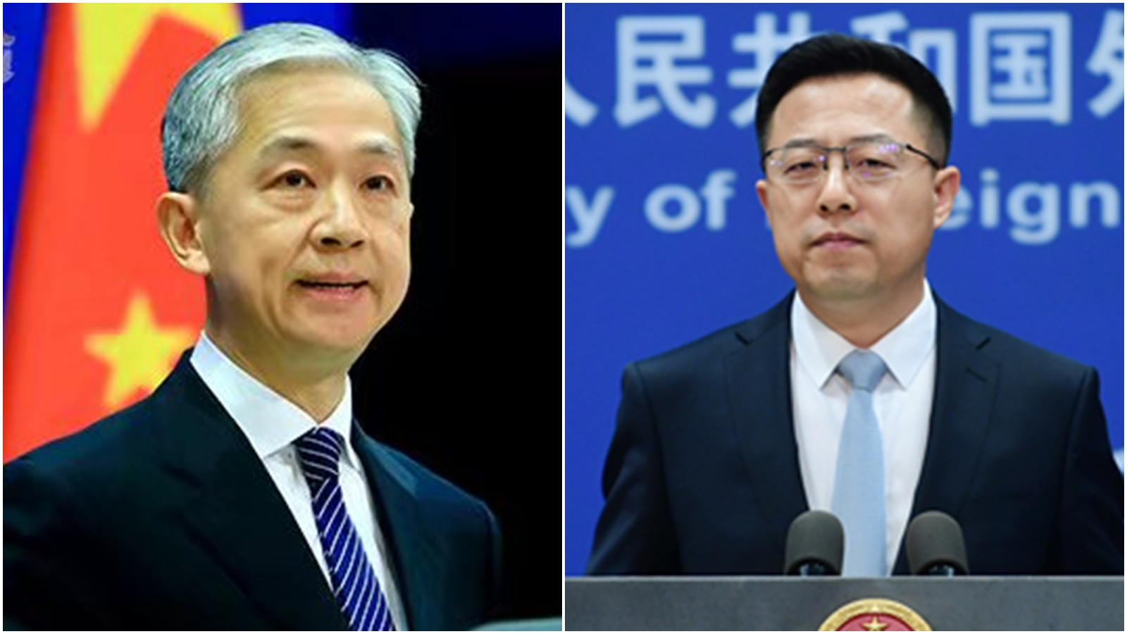 面對美國及澳洲宣布外交抵制北京冬奧，汪文斌（左）相隔一天的回應與趙立堅（右）相差無幾。（翻攝自中國外交部官網）